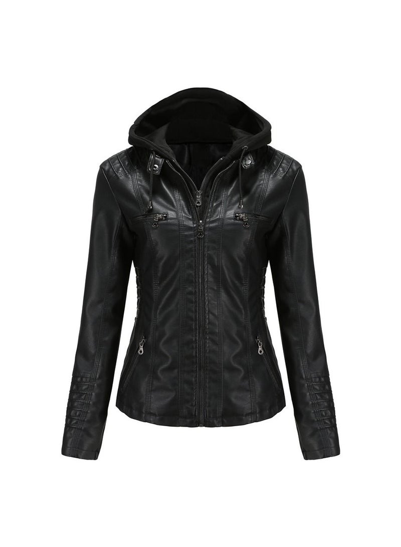 Loquat Women's Hooded Leather Jacket Two-Piece Set With Detachable Features Black  - Image 1