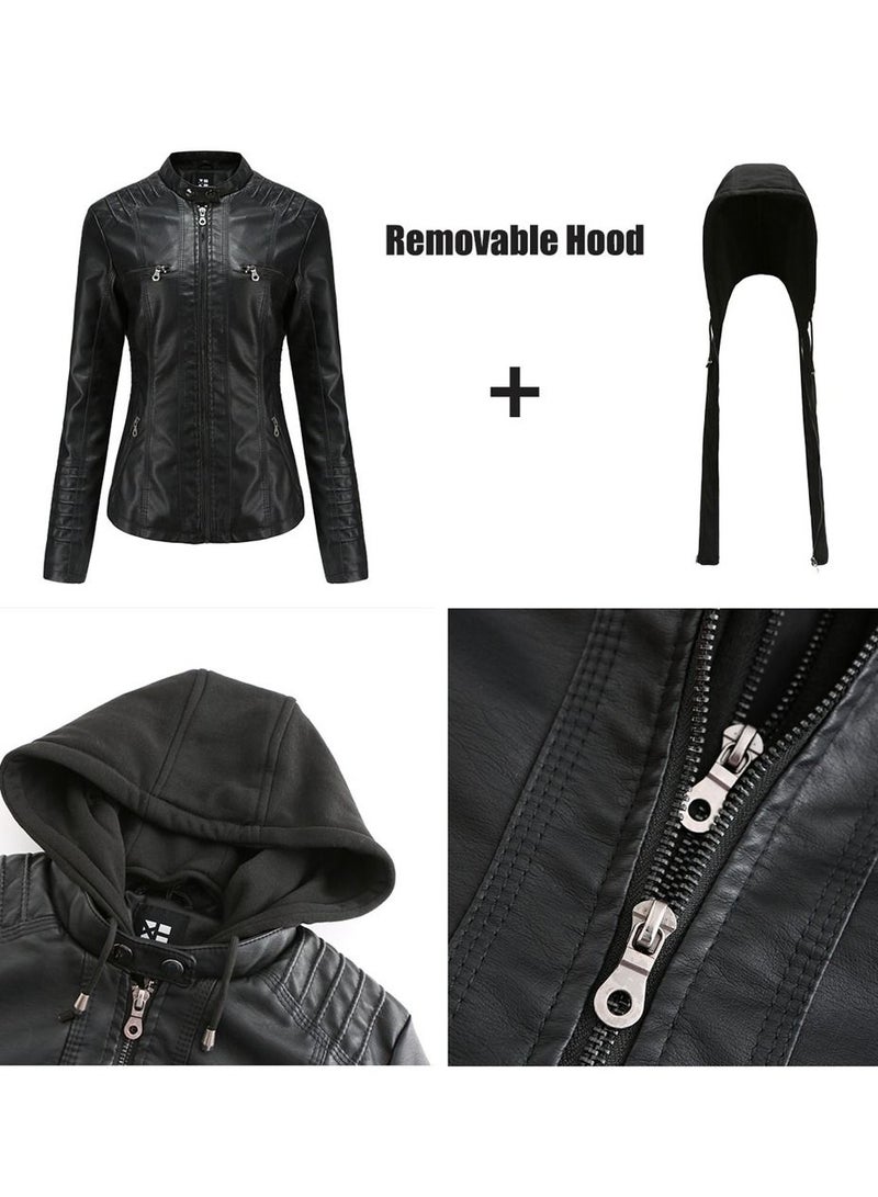 Loquat Women's Hooded Leather Jacket Two-Piece Set With Detachable Features Black  - Image 2