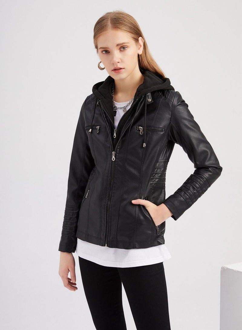 Loquat Women's Hooded Leather Jacket Two-Piece Set With Detachable Features Black  - Image 3