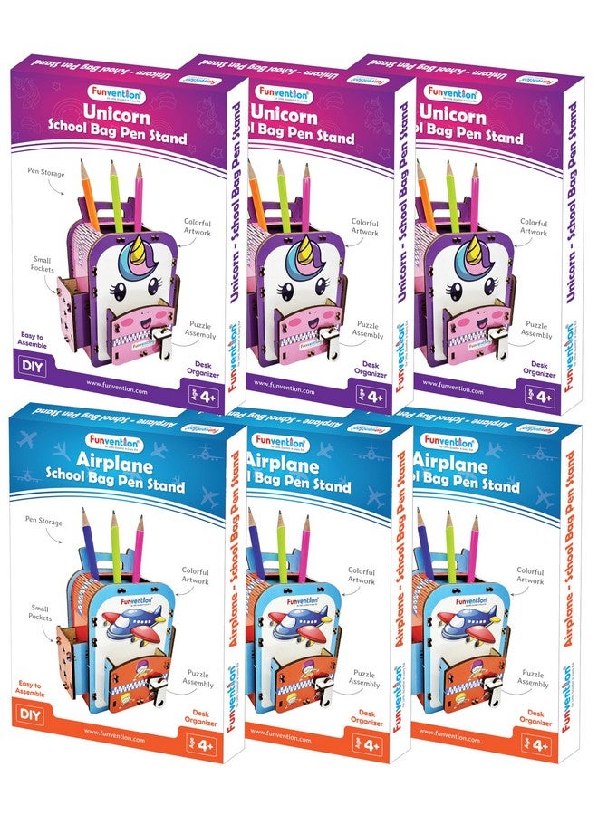 فنفينشين مجموعة من 6 قطع من الخشب الهندسي من Funvention على شكل وحيد القرن + حامل أقلام طائرة DIY منظم مكتب هدايا عيد ميلاد للأطفال بعمر 4 سنوات فما فوق، مجموعة ألغاز فنية وحرفية ثلاثية الأبعاد - Image 1