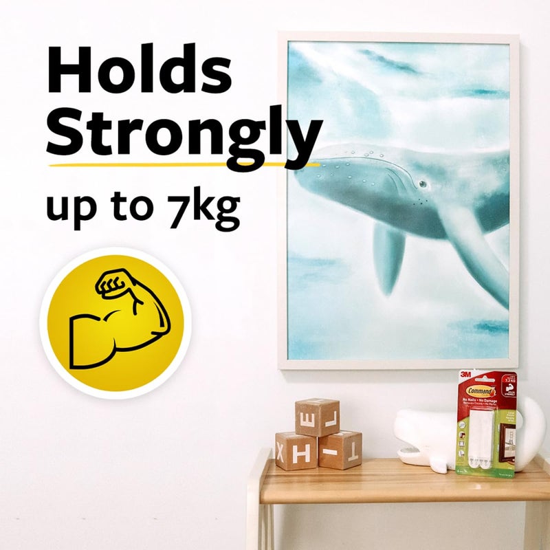 Command شرائط تعليق الصور الكبيرة من 3M، تحمل 7 كجم، بدون تلف، قوية التحمل، تثبت بقوة، خطافات لاصقة للجدران، متعددة الأسطح، خطافات للتعليق (بيضاء، 8 شرائط) - Image 2