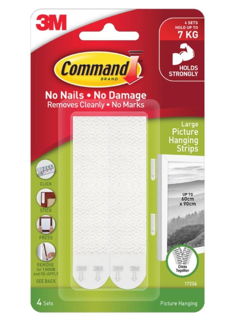 Command شرائط تعليق الصور الكبيرة من 3M، تحمل 7 كجم، بدون تلف، قوية التحمل، تثبت بقوة، خطافات لاصقة للجدران، متعددة الأسطح، خطافات للتعليق (بيضاء، 8 شرائط) - Image 1