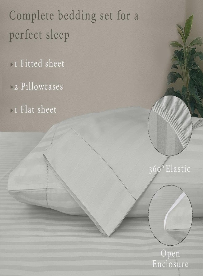 Threadmill 500 Thread Count Full-Size Damask Stripe, 4 Pc Luxury Cotton Sheet Set, Breathable Light Grey Sheets with 16" Elasticized Deep Pocket, 2 Pillowcases & Free Tote Bag - Image 3