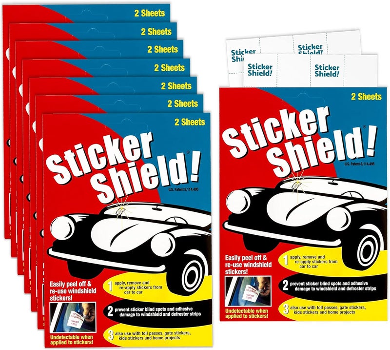 STICKER SHIELD **** – أداة لتطبيق ملصقات الزجاج الأمامي لسهولة التطبيق والإزالة وإعادة التطبيق من سيارة إلى أخرى؛ شرائح بحجم 4 بوصة × 6 بوصة؛ 8 عبوات (مجموع 16 شريطًا). - Image 1