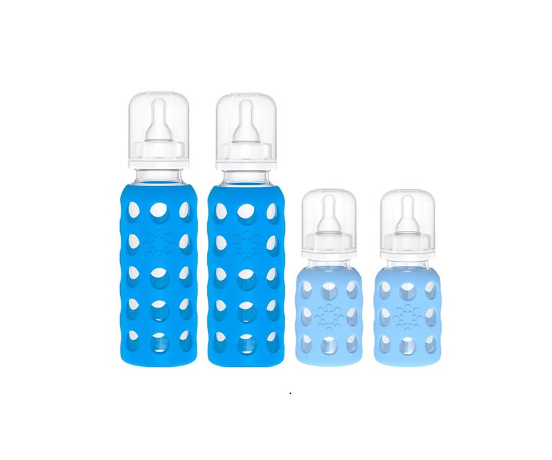 Lifefactory Glass Baby Bottle BPA Free | Protective Silicone Sleeve| 4 oz & 9 oz Pack of 4 | Cobalt & Sky Blue - Image 1