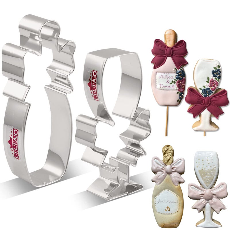 LILIAO Champagne and Champagne Glass with Ribbon Cookie Cutter for WeddingEngagement  Stainless Steel