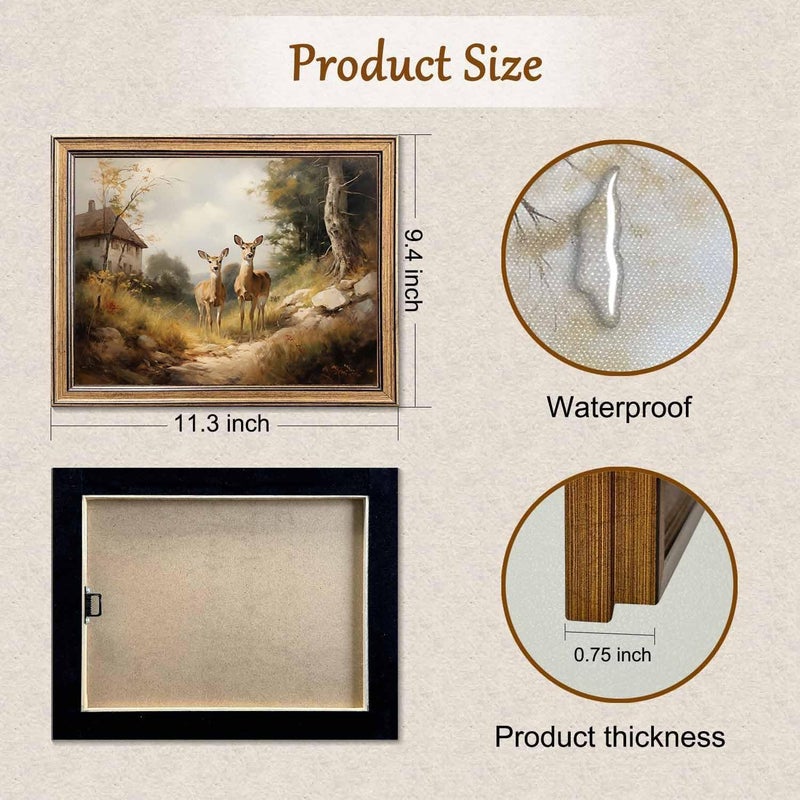 Yeechine Framed Vintage Wall Art Classical Oil Painting Canvas Print Deers Country Road Bedroom Living Room Wall Decor (Deers, 10" L x 8" W) - Image 2
