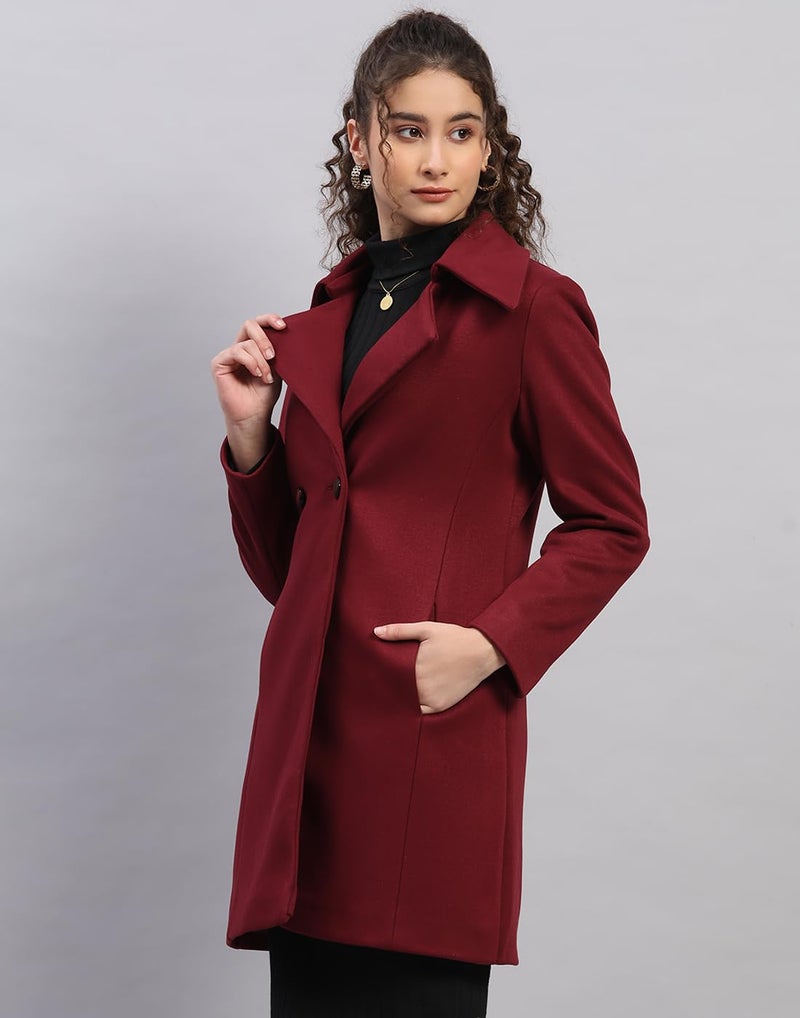 Monte Carlo Womens Regular Fit Solid Pattern Button Closure Full Sleeve Winter Coat | Warm Woolen Overcoat for Ladies | Stylish Long Sleeve Buttoned Jacket Burgundy M(Pack of 1) - Image 4
