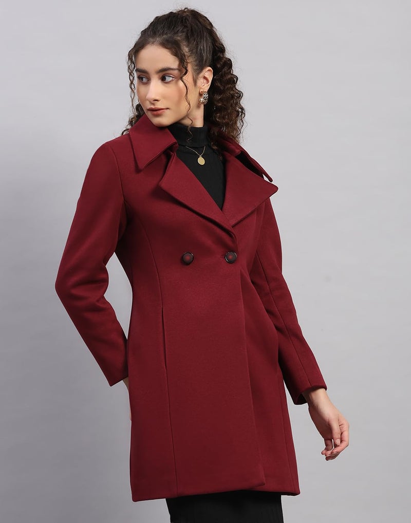 Monte Carlo Womens Regular Fit Solid Pattern Button Closure Full Sleeve Winter Coat | Warm Woolen Overcoat for Ladies | Stylish Long Sleeve Buttoned Jacket Burgundy M(Pack of 1) - Image 5