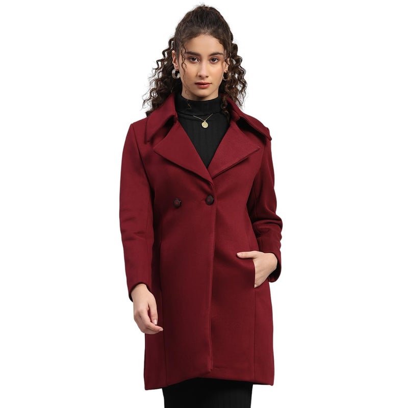 Monte Carlo Womens Regular Fit Solid Pattern Button Closure Full Sleeve Winter Coat | Warm Woolen Overcoat for Ladies | Stylish Long Sleeve Buttoned Jacket Burgundy M(Pack of 1) - Image 3