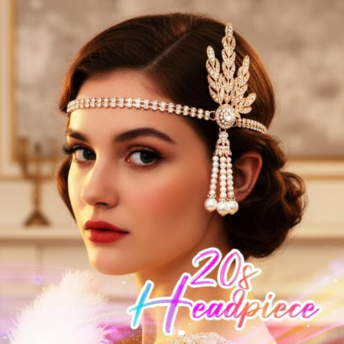 GORTIN 1920's Flapper Headband Leaf Rhiestones Headpiece Bride Wedding Headdress Bridal Flapper Hair Accessories Head Chain for Women(Gold) - Image 4