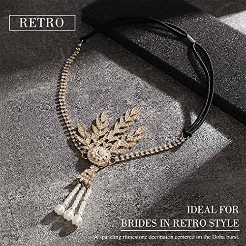 GORTIN 1920's Flapper Headband Leaf Rhiestones Headpiece Bride Wedding Headdress Bridal Flapper Hair Accessories Head Chain for Women(Gold) - Image 5