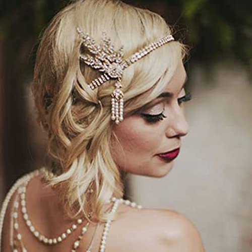 GORTIN 1920's Flapper Headband Leaf Rhiestones Headpiece Bride Wedding Headdress Bridal Flapper Hair Accessories Head Chain for Women(Gold) - Image 2