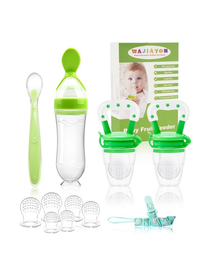 WAJIAYON Baby Fruit Feeder Pacifier - 5 Pack | 2 Baby Fruit Food Feeder Pacifier & 1 Baby Food Dispensing Spoon | Fresh Fruit Teethers for Babies | Silicone Feeder Baby,Mesh Baby Feeder (Green) - Image 1