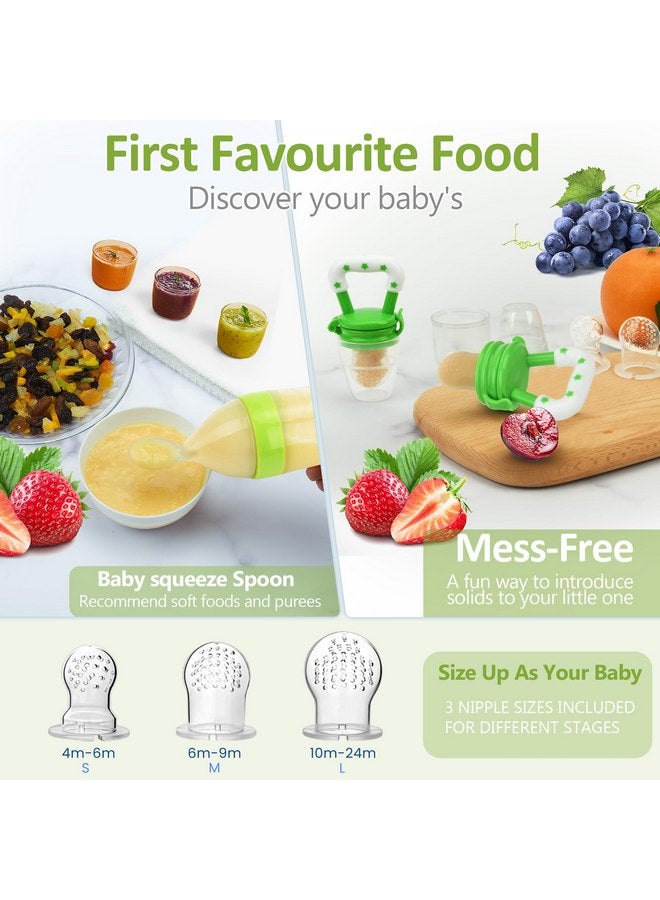 WAJIAYON Baby Fruit Feeder Pacifier - 5 Pack | 2 Baby Fruit Food Feeder Pacifier & 1 Baby Food Dispensing Spoon | Fresh Fruit Teethers for Babies | Silicone Feeder Baby,Mesh Baby Feeder (Green) - Image 2