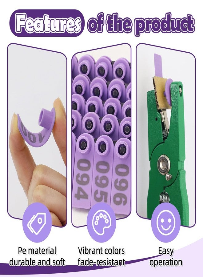 APlayfulBee Sheep Ear Tag 001-100 Number Plastic Livestock Tags Goat with Punch Applicator Plier Tools and 2Pcs Ear Tag Pins (Purple, 001-100) - Image 3