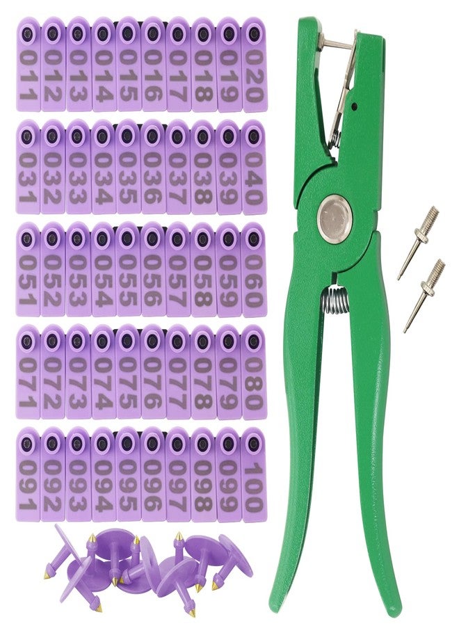 APlayfulBee Sheep Ear Tag 001-100 Number Plastic Livestock Tags Goat with Punch Applicator Plier Tools and 2Pcs Ear Tag Pins (Purple, 001-100) - Image 1