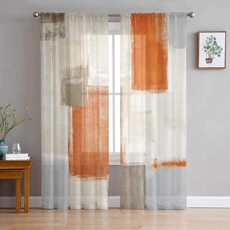 AMZRicher Orange Brown Gray Beige Sheer Curtains 84 Inch Length 2 Panels Set Abstract Oil Painting Texture Semi Transparent Voile Rod Pocket Curtains for Living Dining Room Bedroom Drapes