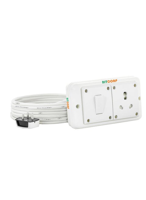 Bitcorp Extension Board Heavy Duty Box 15A 16A 20A with Thermal Protection 1 Way Socket 1 Switch 2500 Load Capacity Surge Protection with 10 Meter Long Cable Cord Wall Mount White