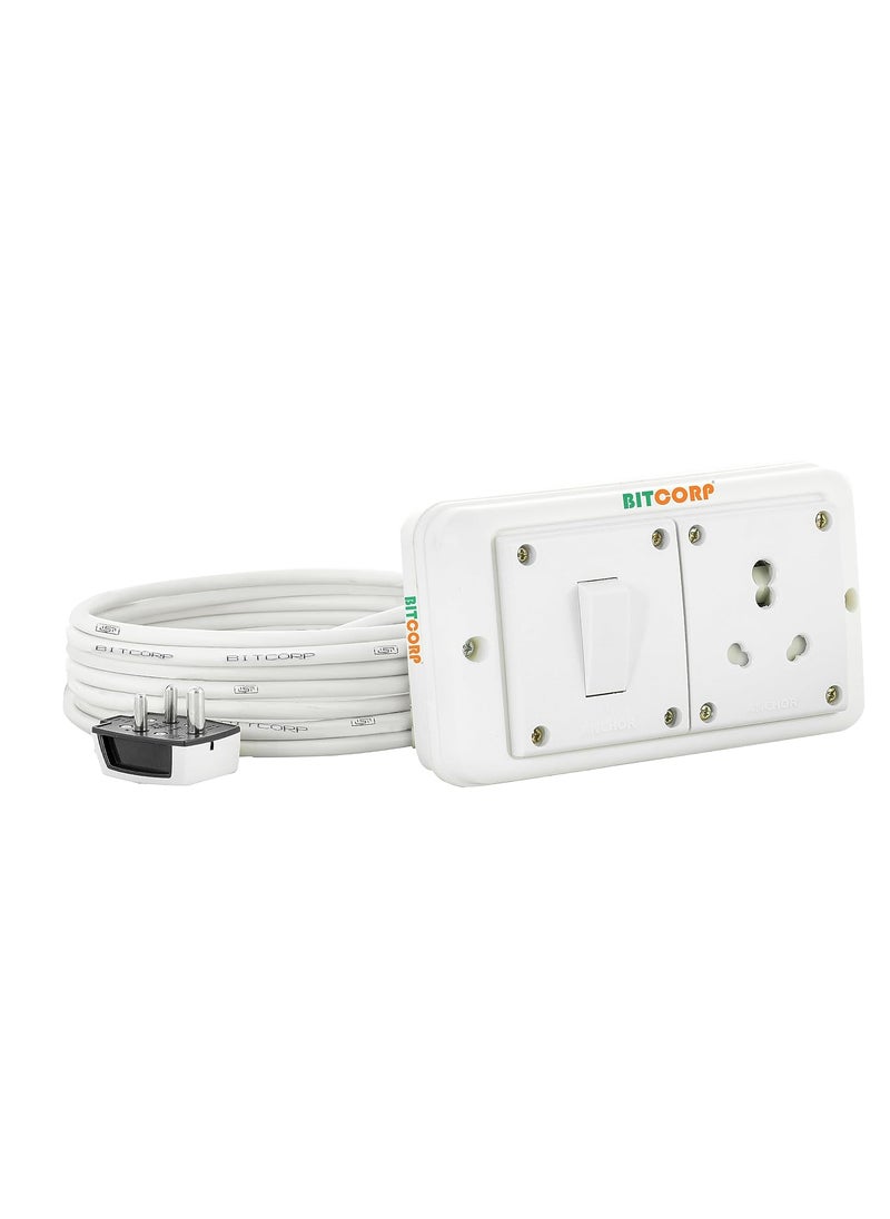 BITCORP Bitcorp Extension Board Heavy Duty Box 15A 16A 20A with Thermal Protection 1 Way Socket 1 Switch 2500 Load Capacity Surge Protection with 10 Meter Long Cable Cord Wall Mount White  - Image 1