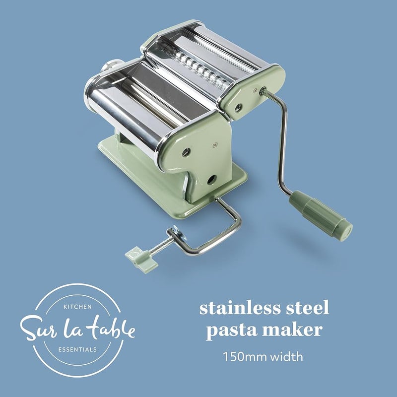 Sur La Table Kitchen Essential Pasta La Vista Manual Pasta Maker Machine Noodle Maker w/Rollers & Cutters - Spaghetti, Fettuccini, Lasagna or Dumpling Skin - Stainless Steel/Juniper Green - Image 2