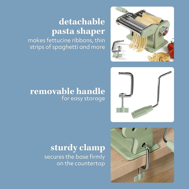 Sur La Table Kitchen Essential Pasta La Vista Manual Pasta Maker Machine Noodle Maker w/Rollers & Cutters - Spaghetti, Fettuccini, Lasagna or Dumpling Skin - Stainless Steel/Juniper Green - Image 4