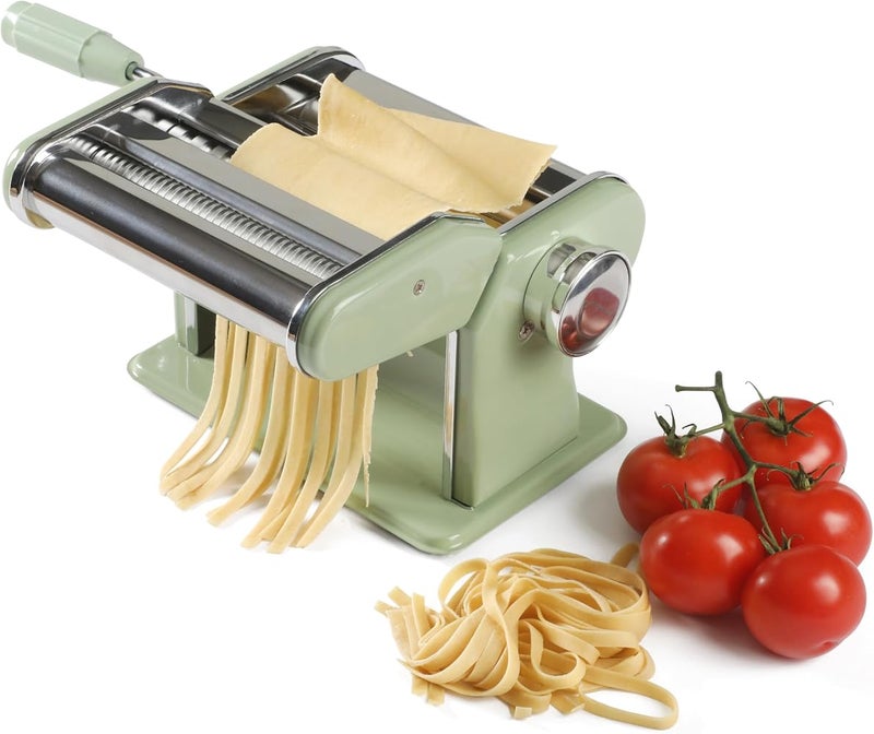 Sur La Table Kitchen Essential Pasta La Vista Manual Pasta Maker Machine Noodle Maker w/Rollers & Cutters - Spaghetti, Fettuccini, Lasagna or Dumpling Skin - Stainless Steel/Juniper Green - Image 1