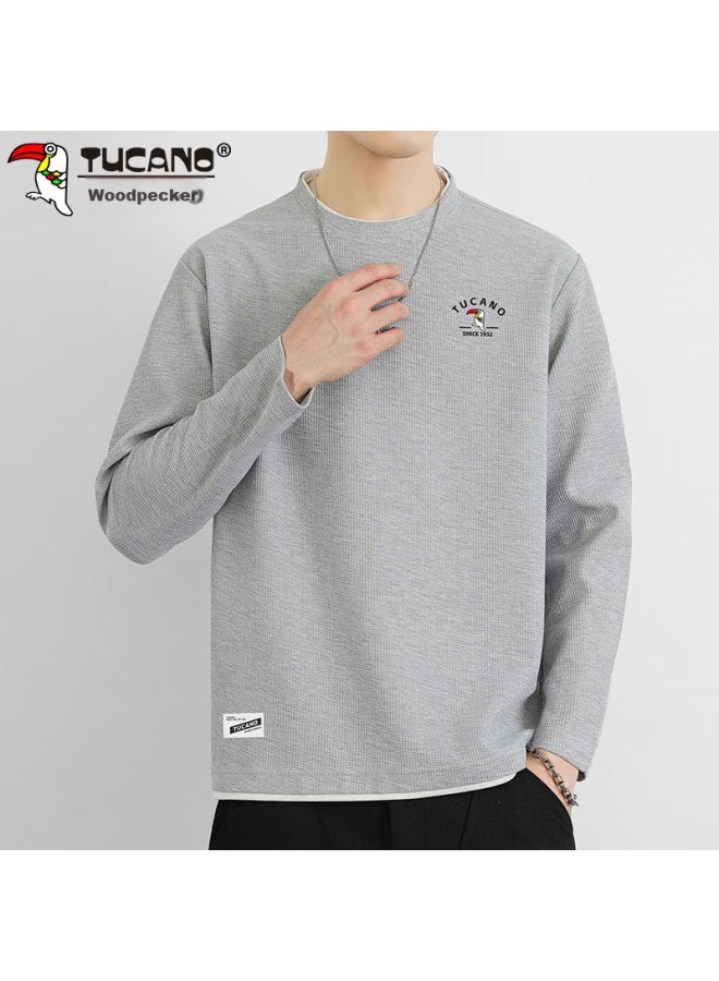 Tucano Tucano Long-sleeve T-shirt For Men, Spring Round Neck Undershirt Sweatshirt Waffle Knit Loose Casual Top, Gray, 3xl - Image 3