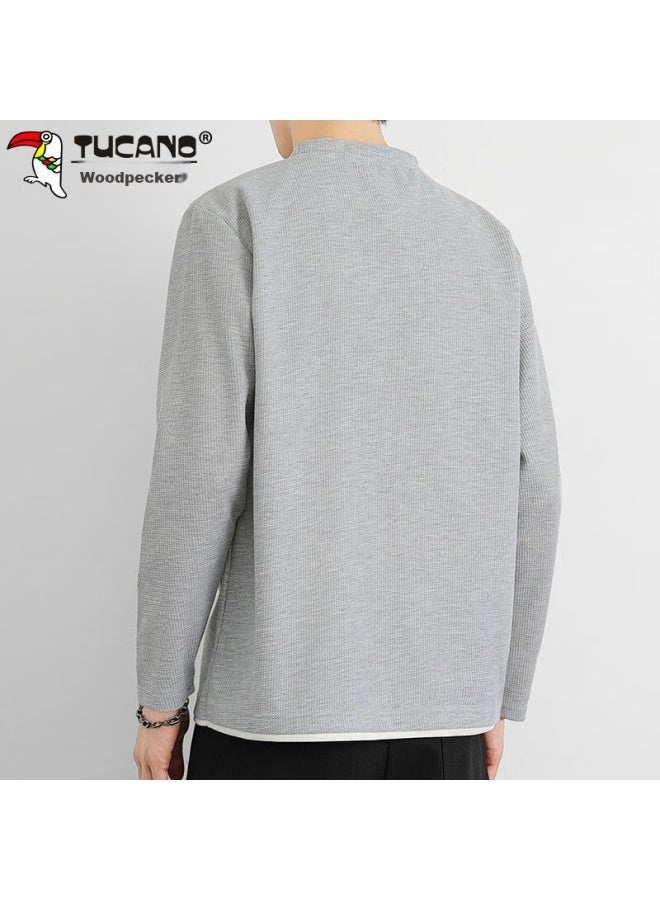Tucano Tucano Long-sleeve T-shirt For Men, Spring Round Neck Undershirt Sweatshirt Waffle Knit Loose Casual Top, Gray, 3xl - Image 5