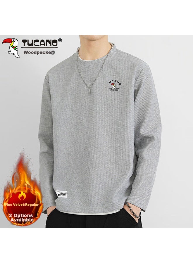 Tucano Tucano Long-sleeve T-shirt For Men, Spring Round Neck Undershirt Sweatshirt Waffle Knit Loose Casual Top, Gray, 3xl - Image 1