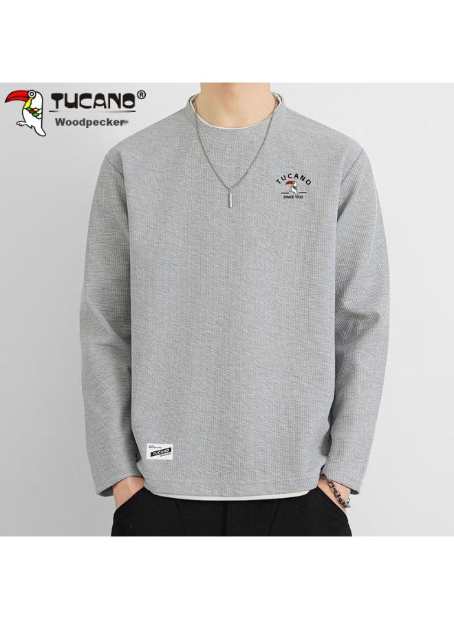 Tucano Tucano Long-sleeve T-shirt For Men, Spring Round Neck Undershirt Sweatshirt Waffle Knit Loose Casual Top, Gray, 3xl - Image 2