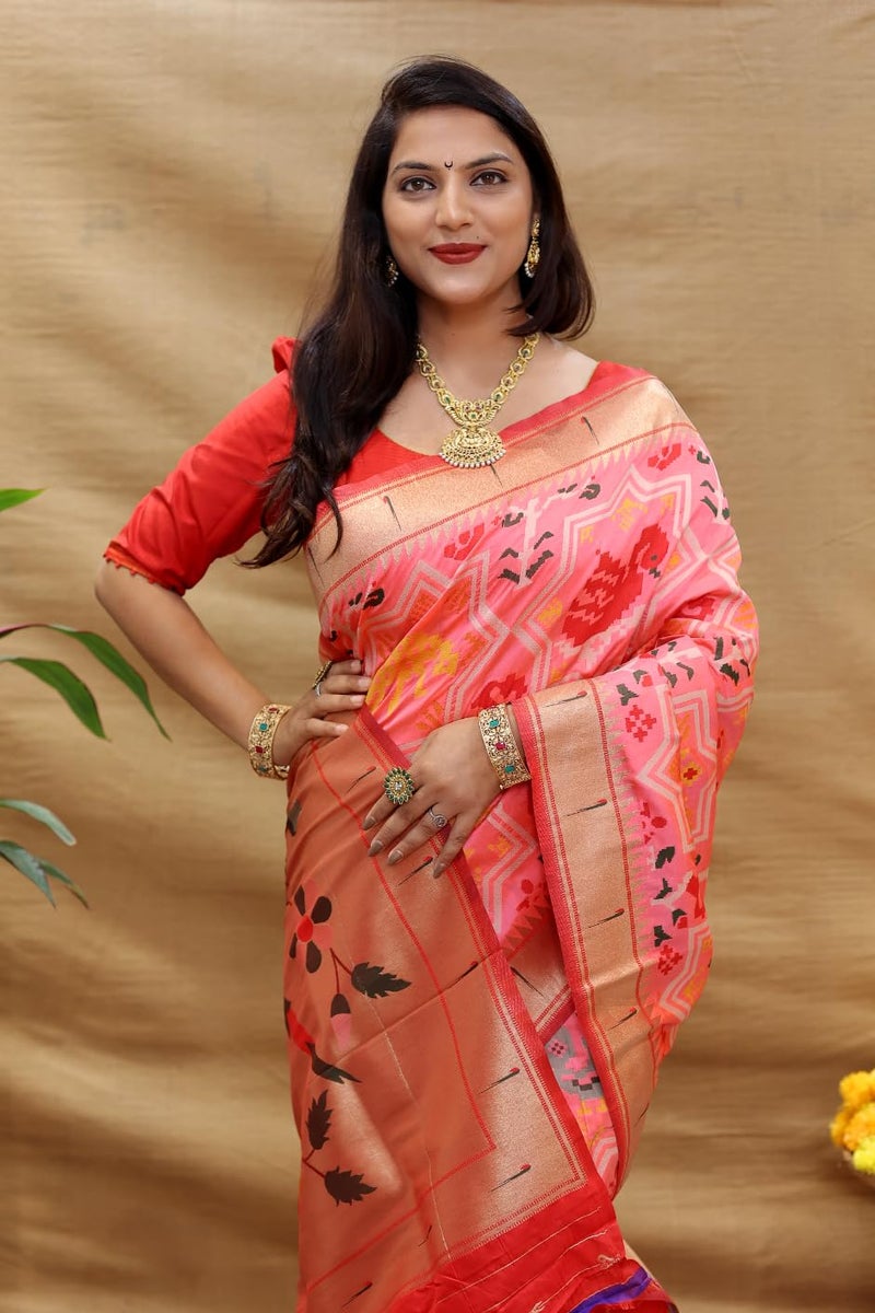AMIRAT Paithani Patola Silk Beautiful saree For Women | Woven Zari Saree With Blouse Piece (Peach) - Image 3