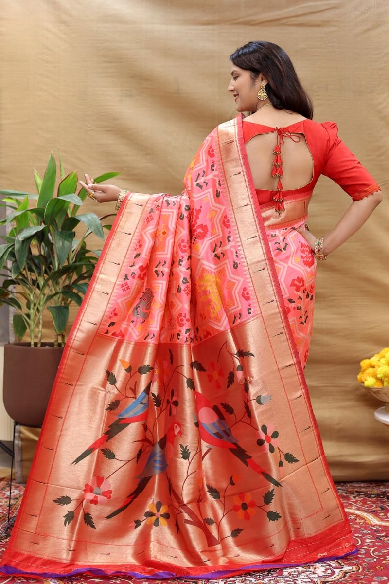 AMIRAT Paithani Patola Silk Beautiful saree For Women | Woven Zari Saree With Blouse Piece (Peach) - Image 5