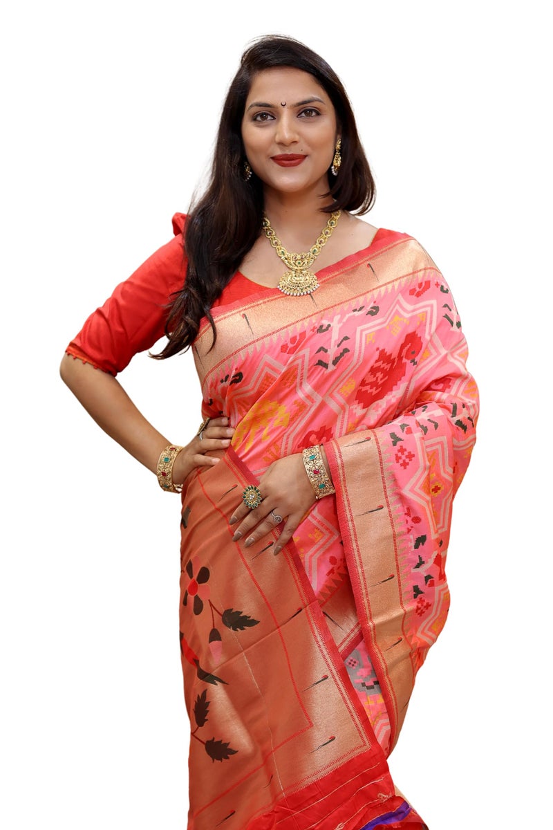 AMIRAT Paithani Patola Silk Beautiful saree For Women | Woven Zari Saree With Blouse Piece (Peach) - Image 1