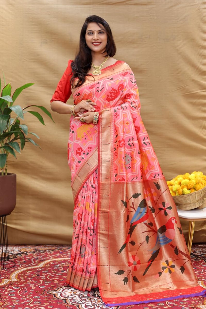 AMIRAT Paithani Patola Silk Beautiful saree For Women | Woven Zari Saree With Blouse Piece (Peach) - Image 2