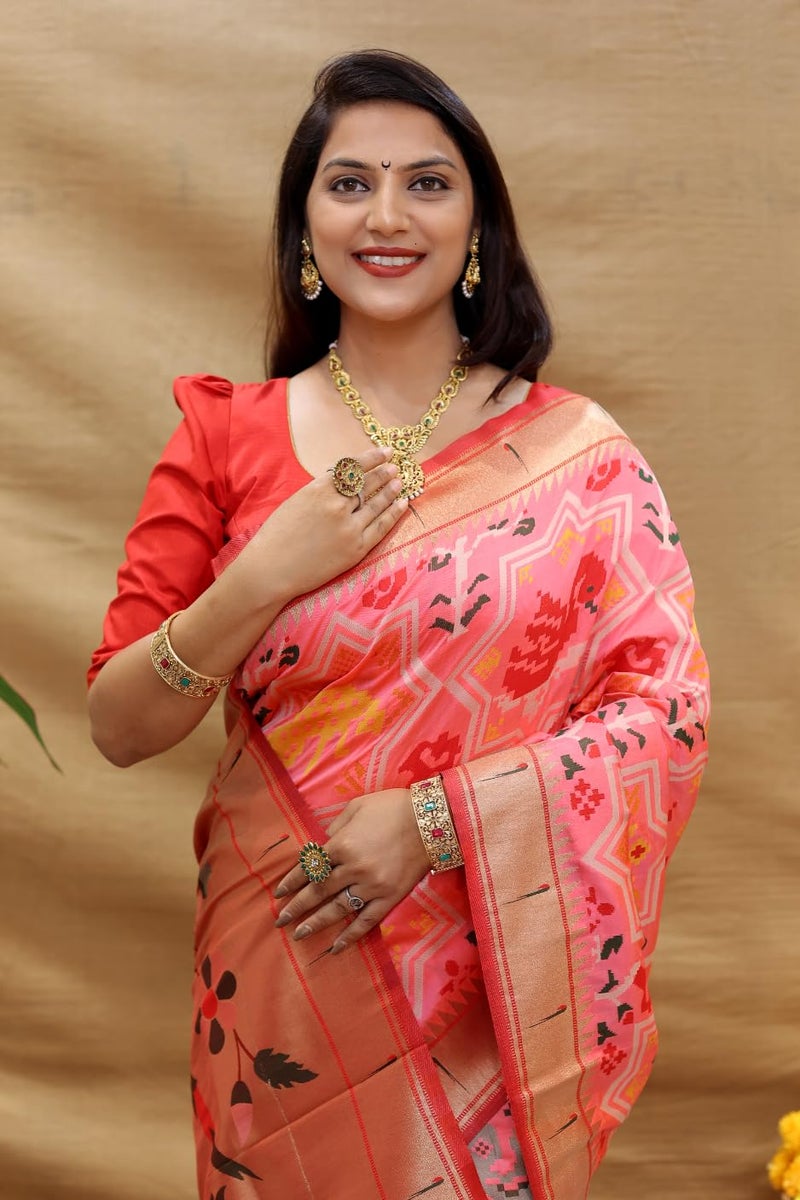 AMIRAT Paithani Patola Silk Beautiful saree For Women | Woven Zari Saree With Blouse Piece (Peach) - Image 4
