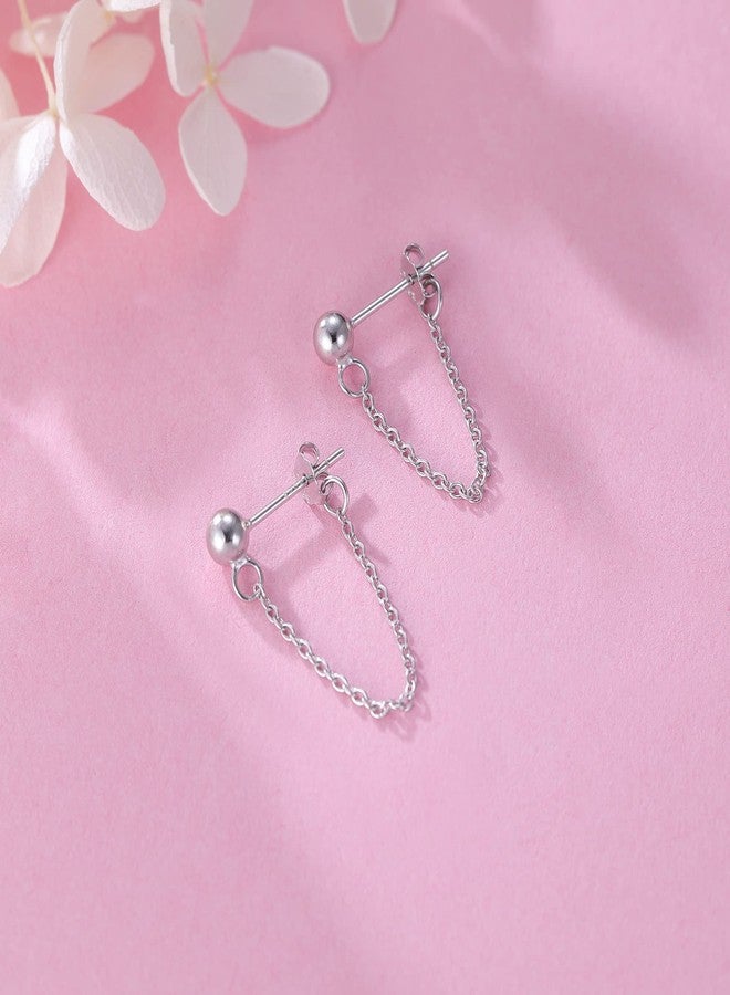 Reffeer Minimalist Ball Earrings with Chain Dangle Earrings for Women Teen Girls Dangle Earrings Studs Cute Solid 925 Sterling Silver Earrings (A-Silver) - Image 4