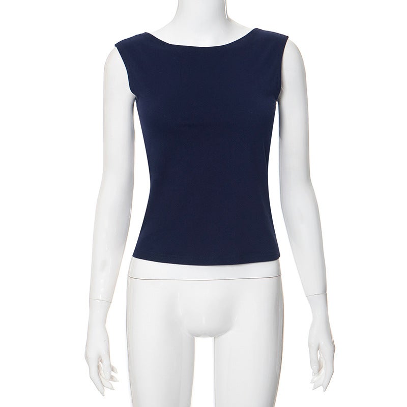 Y23TP719 European and American womens clothing winter cross-border new trendy round neck slim pullover stitching backless solid color top Dark blue