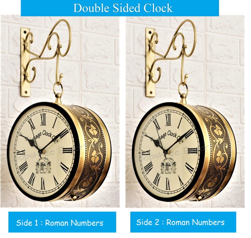 Vintage Clock Handcrafted Double Side Clock/Railway (Station) Analog Clock/Floral Design / 6 Inches Size/Brass Finish/Double Side Roman Number - Image 2