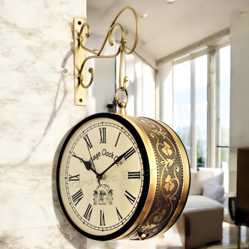Vintage Clock Handcrafted Double Side Clock/Railway (Station) Analog Clock/Floral Design / 6 Inches Size/Brass Finish/Double Side Roman Number - Image 3