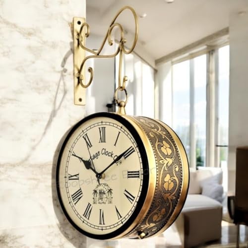 Vintage Clock Handcrafted Double Side Clock/Railway (Station) Analog Clock/Floral Design / 6 Inches Size/Brass Finish/Double Side Roman Number - Image 1