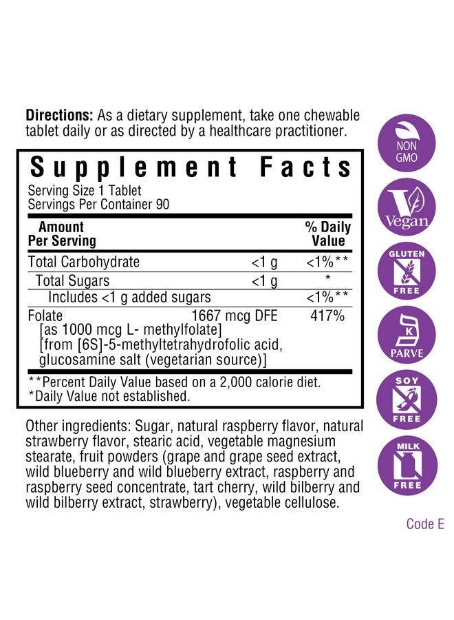 Bluebonnet أرض سويت ميثيلفولات نشط خلوياً 800 ميكروغرام أقراص قابلة للمضغ 90 حبة - Image 3