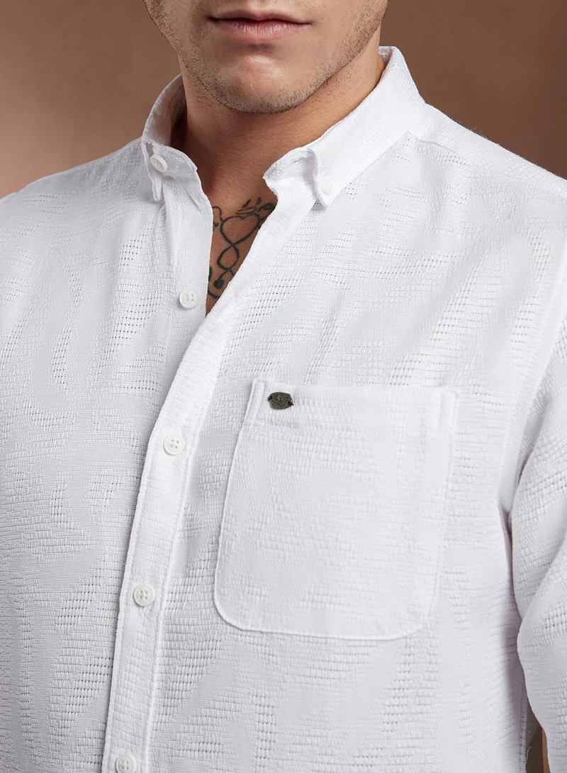 Campus Sutra Campus Sutra Men's Chalk White Open-Weave Regular Shirt For Casual Wear | Spread Collar | Long Cuffed Sleeves | Button Closure | Shirt Crafted With Comfort Fit For Everyday Wear