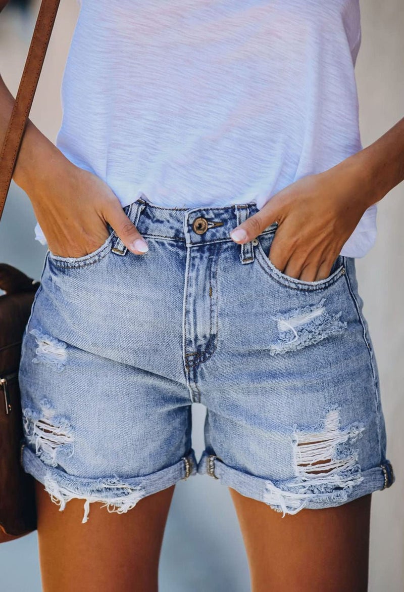 Pink Queen Ripped Jean Shorts for Women Spring Mid Waist Stretchy Denim Hot Shorts Distressed Rolled Hem Frayed Short Jeans with Pockets Blue XL - Image 2