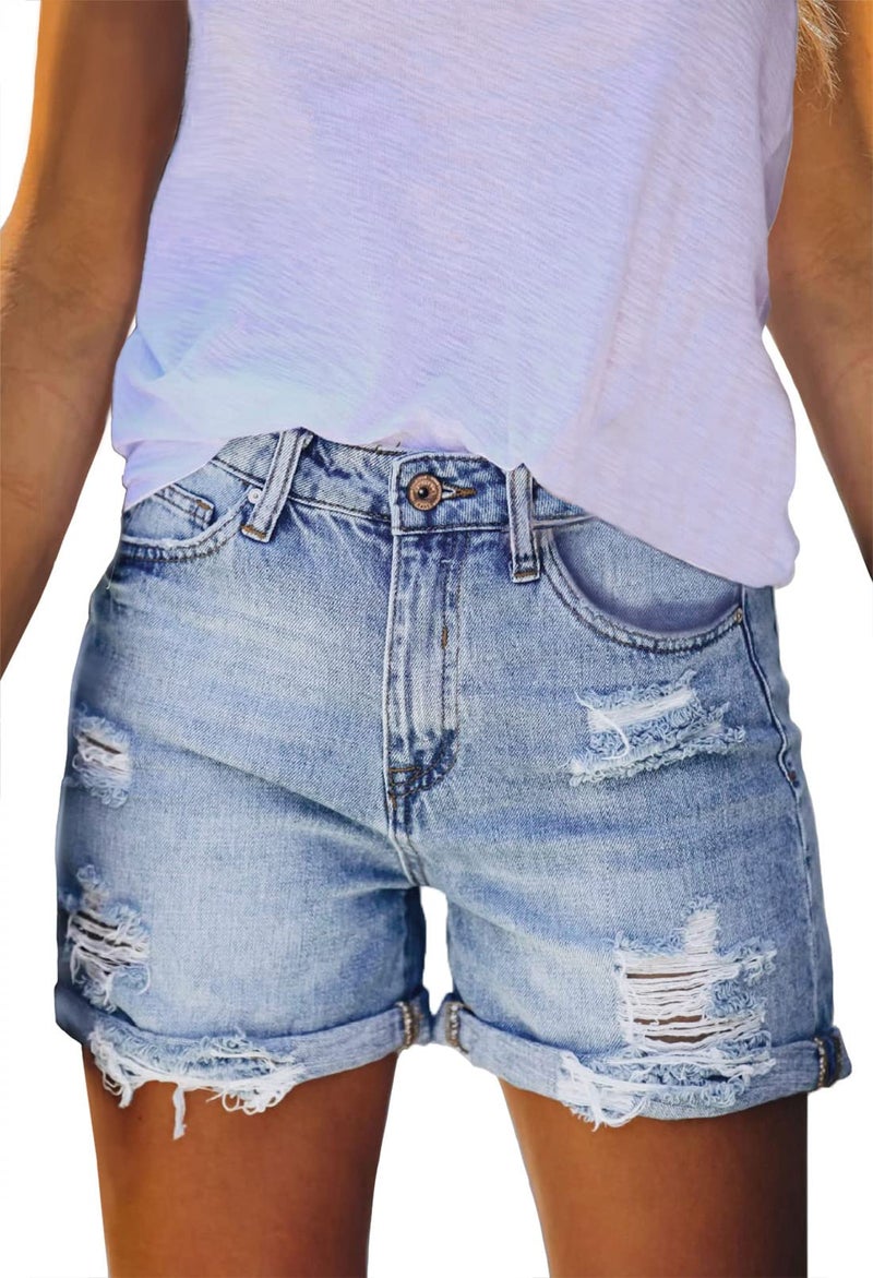 Pink Queen Ripped Jean Shorts for Women Spring Mid Waist Stretchy Denim Hot Shorts Distressed Rolled Hem Frayed Short Jeans with Pockets Blue XL - Image 1