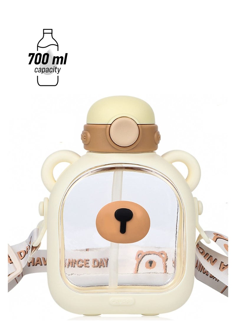 Luckam Kawaii Bear Straw Water Bottle with Shoulder Strap Leak-proof lovely Water Bottles and Kawaii Stickers - Image 1