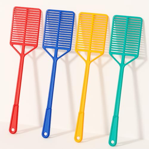 Separate Way Manual ABS Plastic Square Fly Swatter with Long Handle, Flexible, Large Swat Area, Hanging Hole, Bright Color (Pack of 4) - Image 1