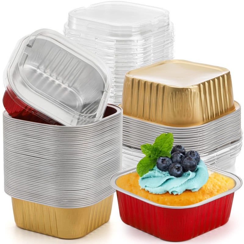 ZEAYEA ZEAYEA 60 Pack 10 oz Aluminum Foil Baking Cups with Lids Disposable Foil Ramekins Cupcake Containers Cupcake Muffin Liners Cups for Wedding Christmas Birthday Party 