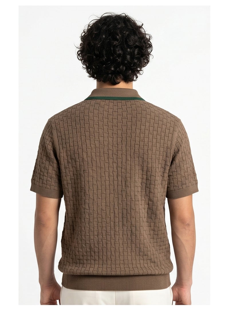 RAVIN Brown Textured Knit Regular Fit Polo Shirt - Image 2
