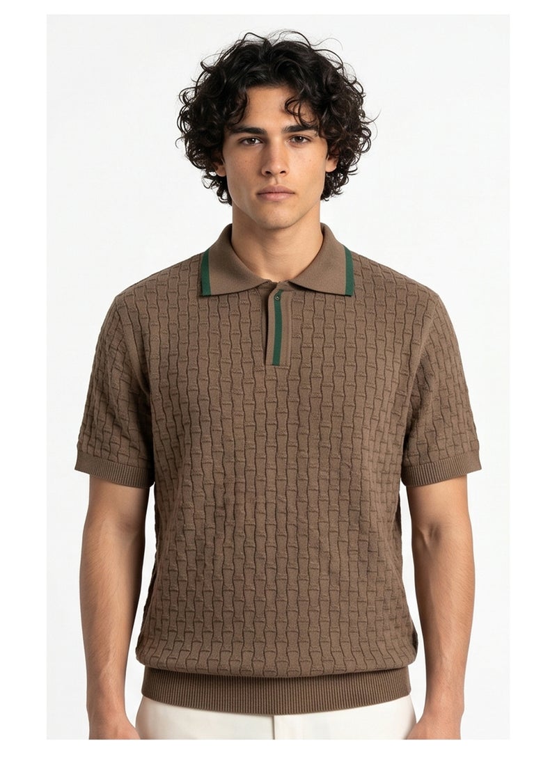 RAVIN Brown Textured Knit Regular Fit Polo Shirt - Image 1